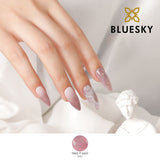 Bluesky Nude Baby Pink Take It Easy Gel Polish with fine glitter on models nails aginst white background