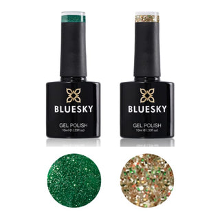 Bluesky Festive Gel Polish Duo - Elf & Belle of the Bauble bottle and colour swatch