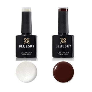 Bluesky Gel Polish Duo "Angel & Devil" - Milky White & Bloodshot bottle and colour swatch