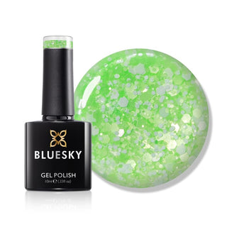 Bluesky Gel Polish - Glitter Neon 06 - Lime Green bottle and colour swatch