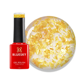 Bluesky Gel Polish Mini No Wipe Top Coat - Golden Flake bottle and colour swatch