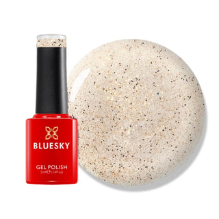 Bluesky Gel Polish Mini - No Wipe Top Coat - Golden Sand bottle and colour swatch