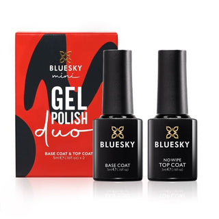 Bluesky Mini Base & No Wipe Top Coat bottles and colour swatches