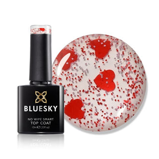 Bluesky No Wipe Top Coat - Queen of Hearts bottle and colour swatch