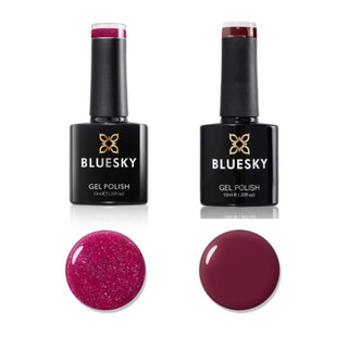 Bluesky Gel Polish Duo "Bleeding Heart" - Viva Magenta & Oxblood bottle and colour swatch