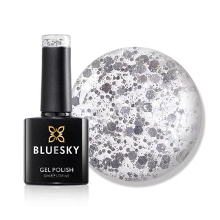 Bluesky Gel Polish - XMS201 - Silver Flakes bottle and colour swatch