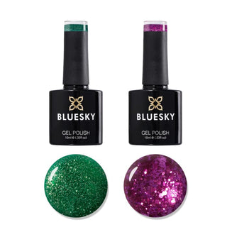 BLUESKY FESTIVE GEL POLISH DUO - ELF & SECRET SANTA bottles and colour swatches