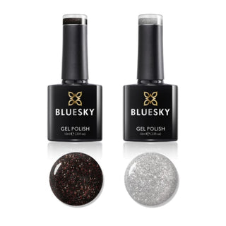 Bluesky Festive Gel Polish Duo - Nutcracker & Silver Bells bottle and colour swatch