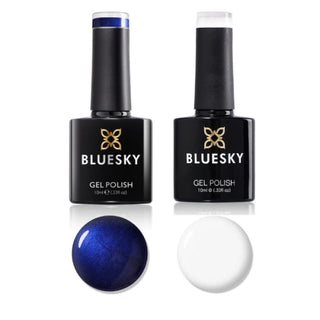 Bluesky Festive Gel Polish Duo - Blue Christmas & Studio White bottle and colour swatch