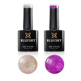 Bluesky Festive Gel Polish Duo - Joyful Gold & Cherished Moments bottle and colour swatch