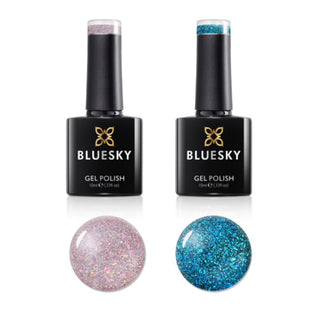 Bluesky Festive Gel Polish Duo - Rich in Green & Believe in Magic bottle and colour swatch