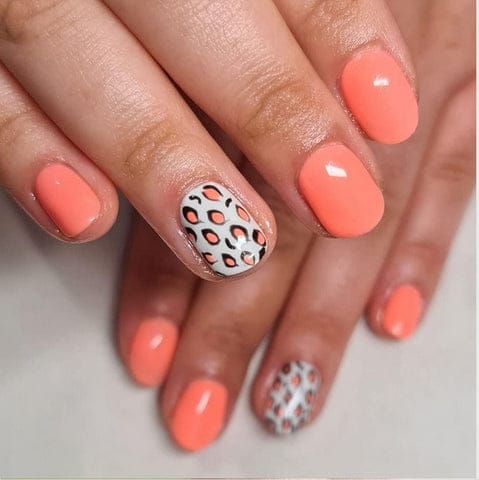 Neon Orange Leopard Print design with Bluesky Gel Nail Polish - California Coral (BSH002), Studio White (80526), Jet Black (A021)