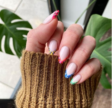 French tip nail design with Bluesky Gel Nail Polishes - Fruit Twist (Neon25), Blush Bunny (80562), Bicycle Yellow (80576), Purple Roses (KA1462), Orange Zest (Neon05), Pink Candy (Neon27), Cornflower Blue (KA3923), Creekside (80596), Light Mint (QXG468), Peanut Ice Cream (SS2013)