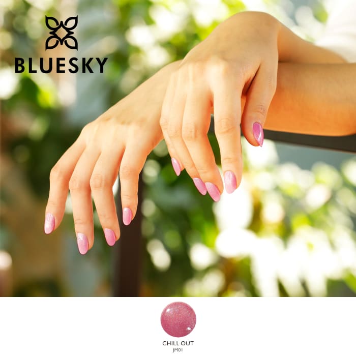 Bluesky Nude Pink Chill Out Gel Polish with fine glitter on models hands