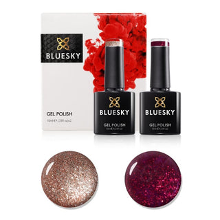 Bluesky Christmas Gel Polish Duo Set - Tinsel Toast & Ruby Ritz bottles and colour swatches