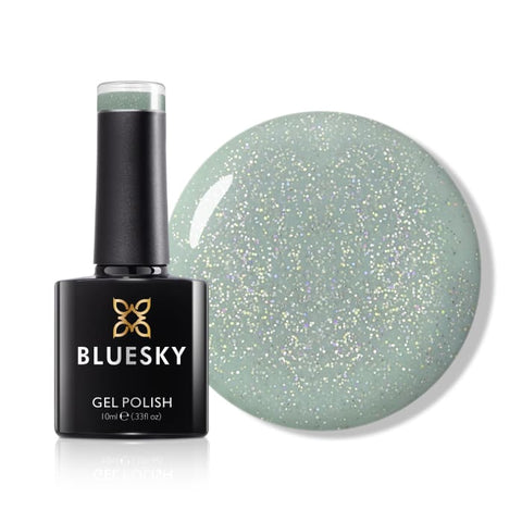 Bluesky Pale Blue Grey In Full Swing Gel Polish with fine glitter.