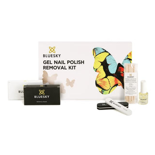 Bluesky Remove & Revive Gel Nail Polish Remover Kit bottle and colour swatch