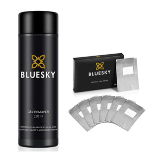 Bluesky Gel Polish Remover & Remover Foil Wraps bottle and colour swatch